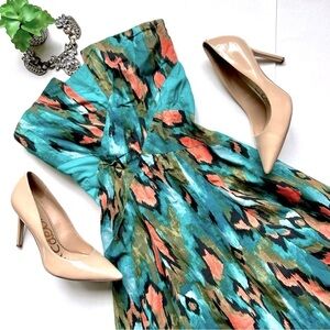 Anthropologie Girls From Savoy Teal Painted Ikat Strapless Dress Southwest Sz 4